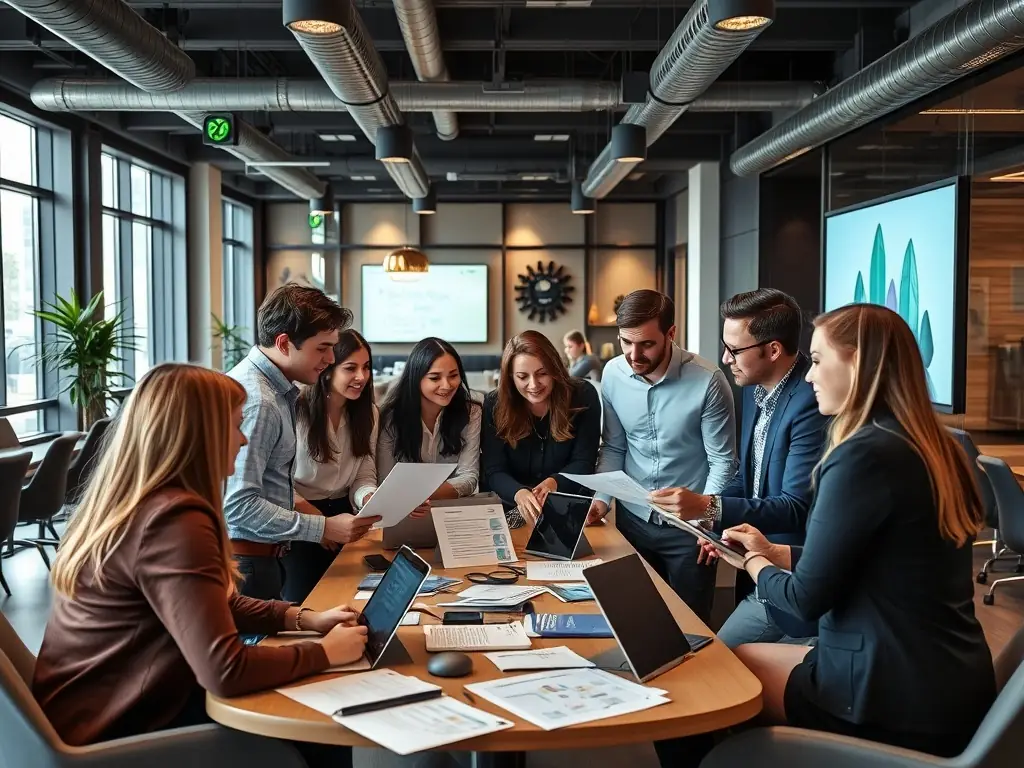 A professional team is collaborating on a desktop and mobile advertising strategy in a modern office setting.