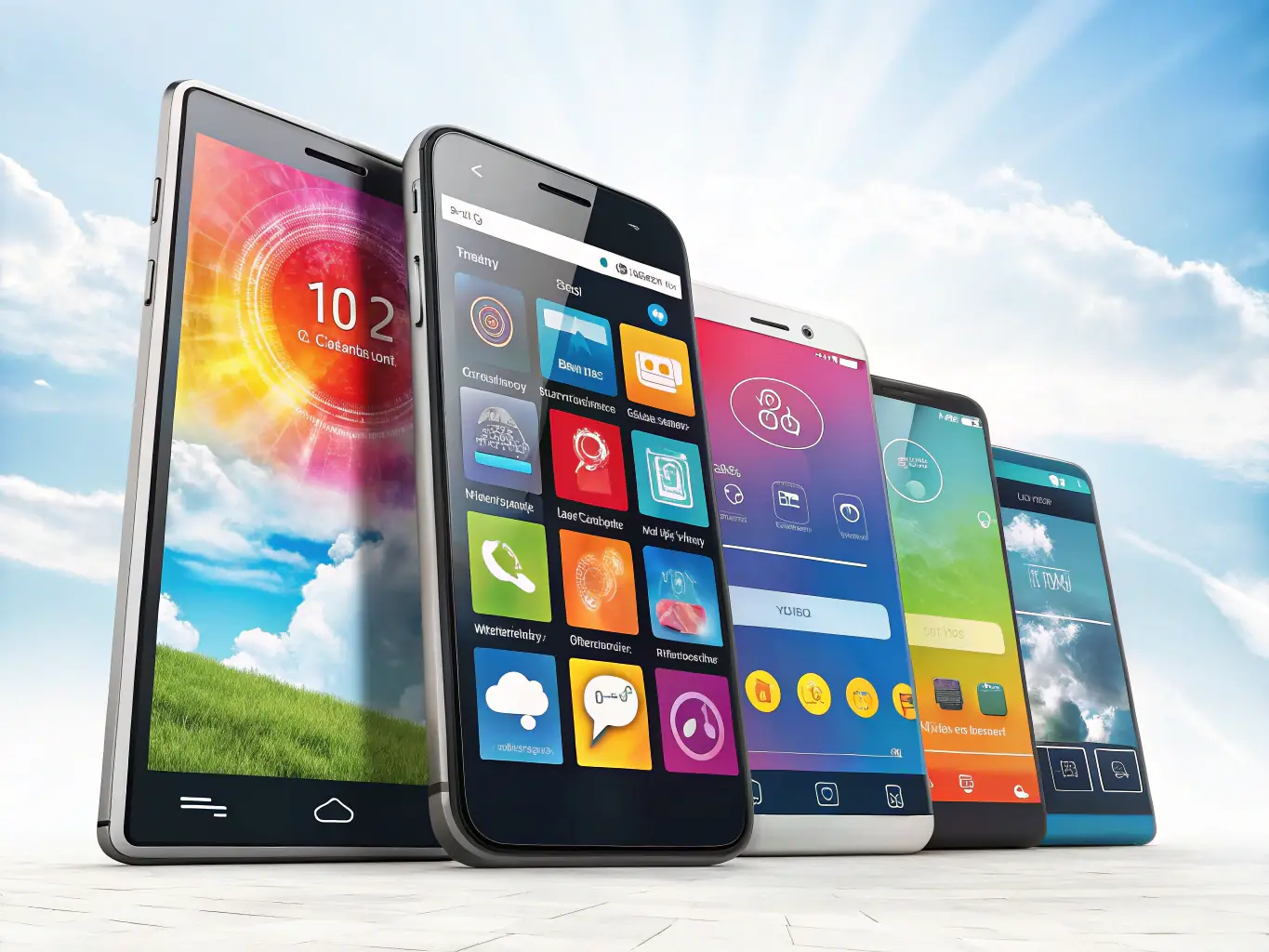 A vibrant image showcasing various mobile devices (smartphones, tablets) displaying different types of mobile advertisements, such as in-app ads, mobile web banners, and video ads. The image should convey the dynamic and fast-paced nature of mobile advertising.