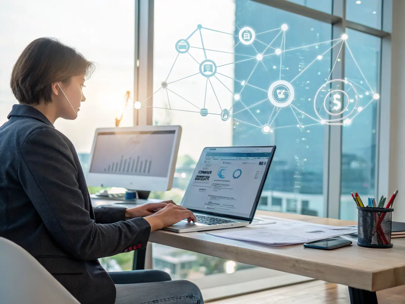 A professional showcasing a detailed report on Return on Social Capital (RSoC) with charts indicating positive growth and engagement metrics, set against a backdrop of a modern office environment.